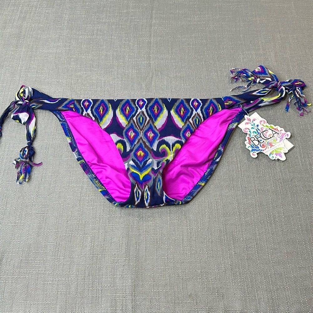 Becca Swim Bikini Bottom Wm Medium Blue Tie Side Close Fringe Basic Fit Swimsuit